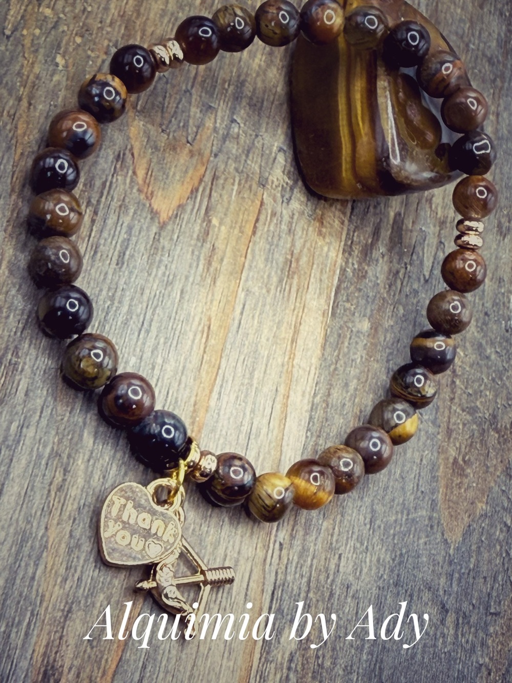Brown and Gold Tiger Eye Beaded Bracelet with Gold Charms